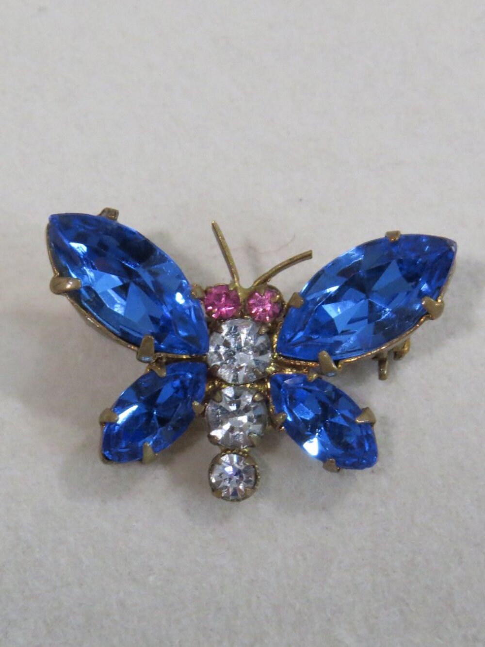 Vintage Austria Rhinestone Butterfly Brooch Blue Pink Clear Figural Insect Pin